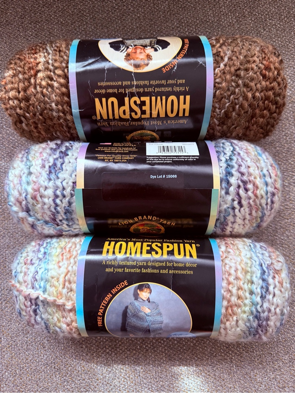 Lion Brand Homespun Yarn - 2 Tudor and 1 Barley, Lot of 3 Skeins, Discontinued